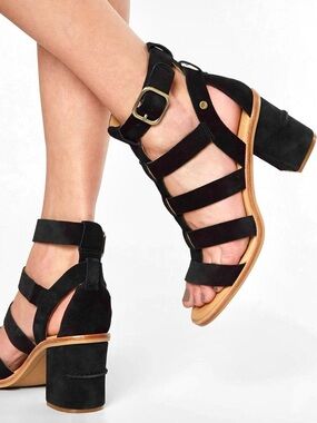 UGG Australia, Macayla Black Suede Strappy Heeled Sandals, Size 8